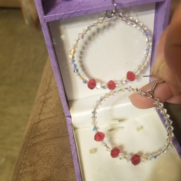 Swarovski Red and White Crystal Hand-made Hoop Earrings. Sterling hooks used. - Picture 6 of 6